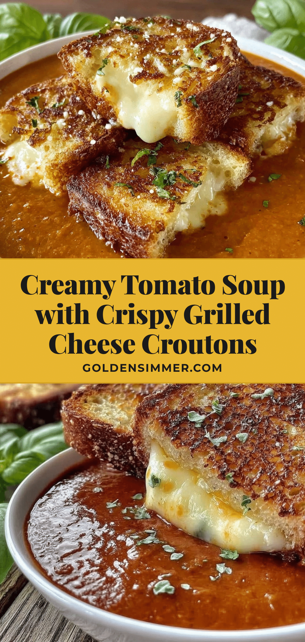 creamy tomato soup with crispy grilled cheese croutons recipe