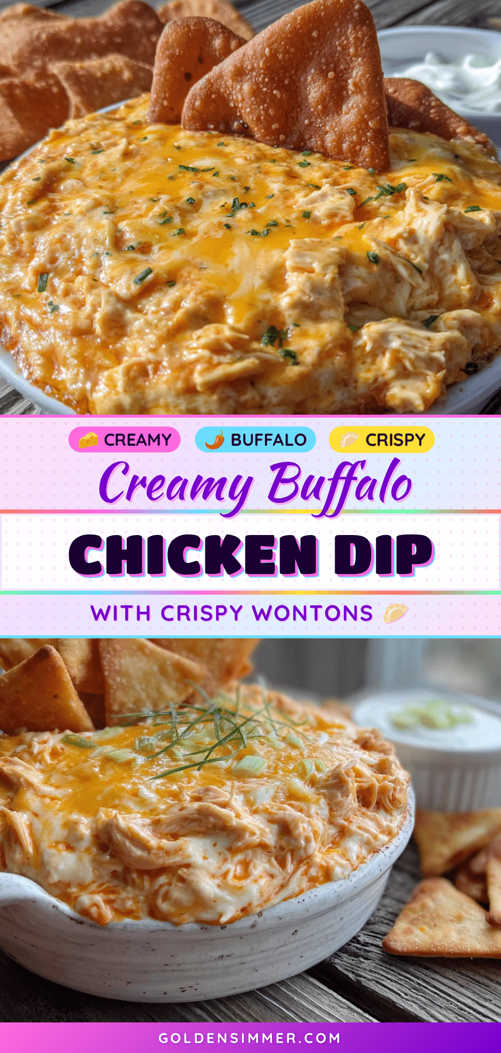 creamy buffalo chicken dip with crispy wonton chips recipe