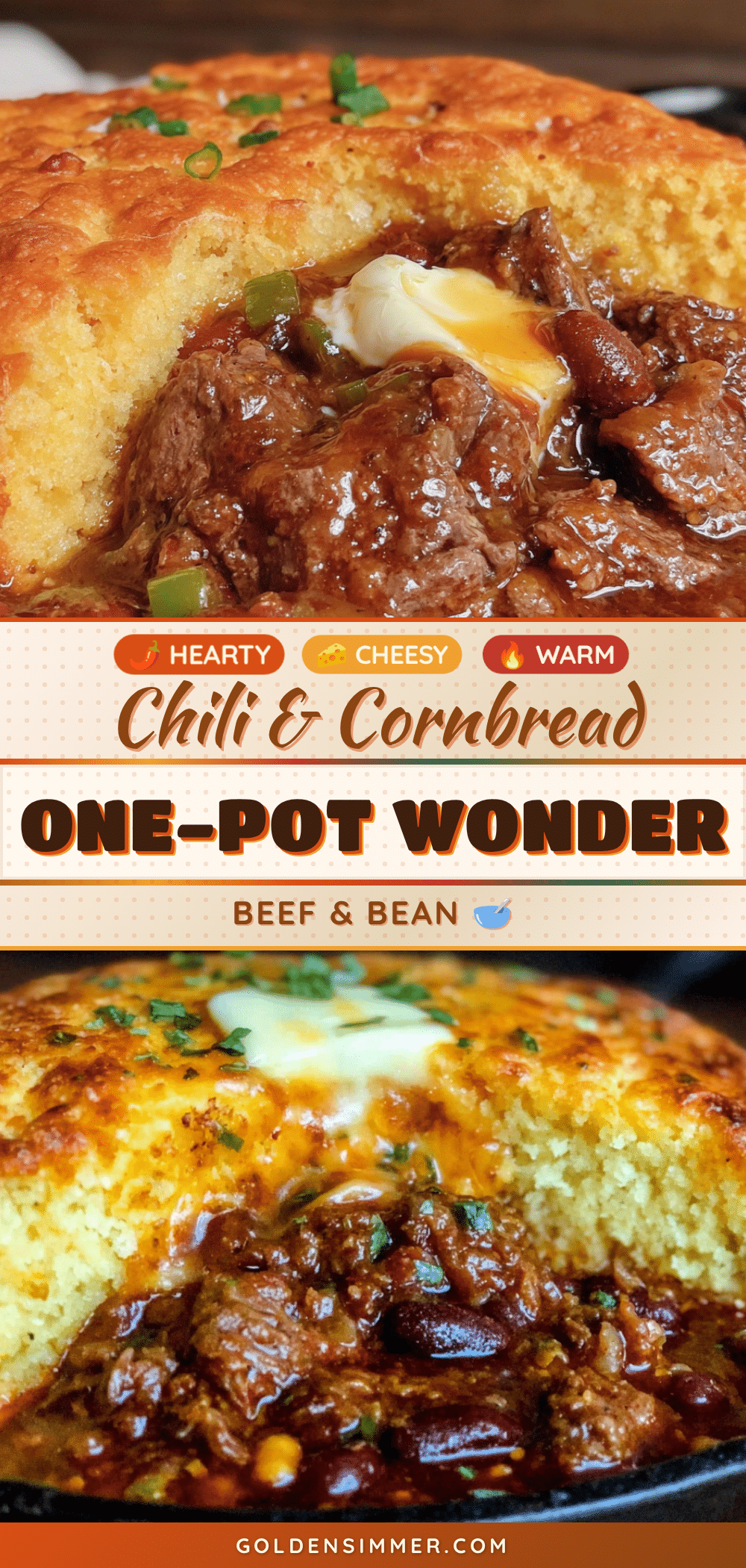 one-pot beef and bean chili with cornbread crust recipe